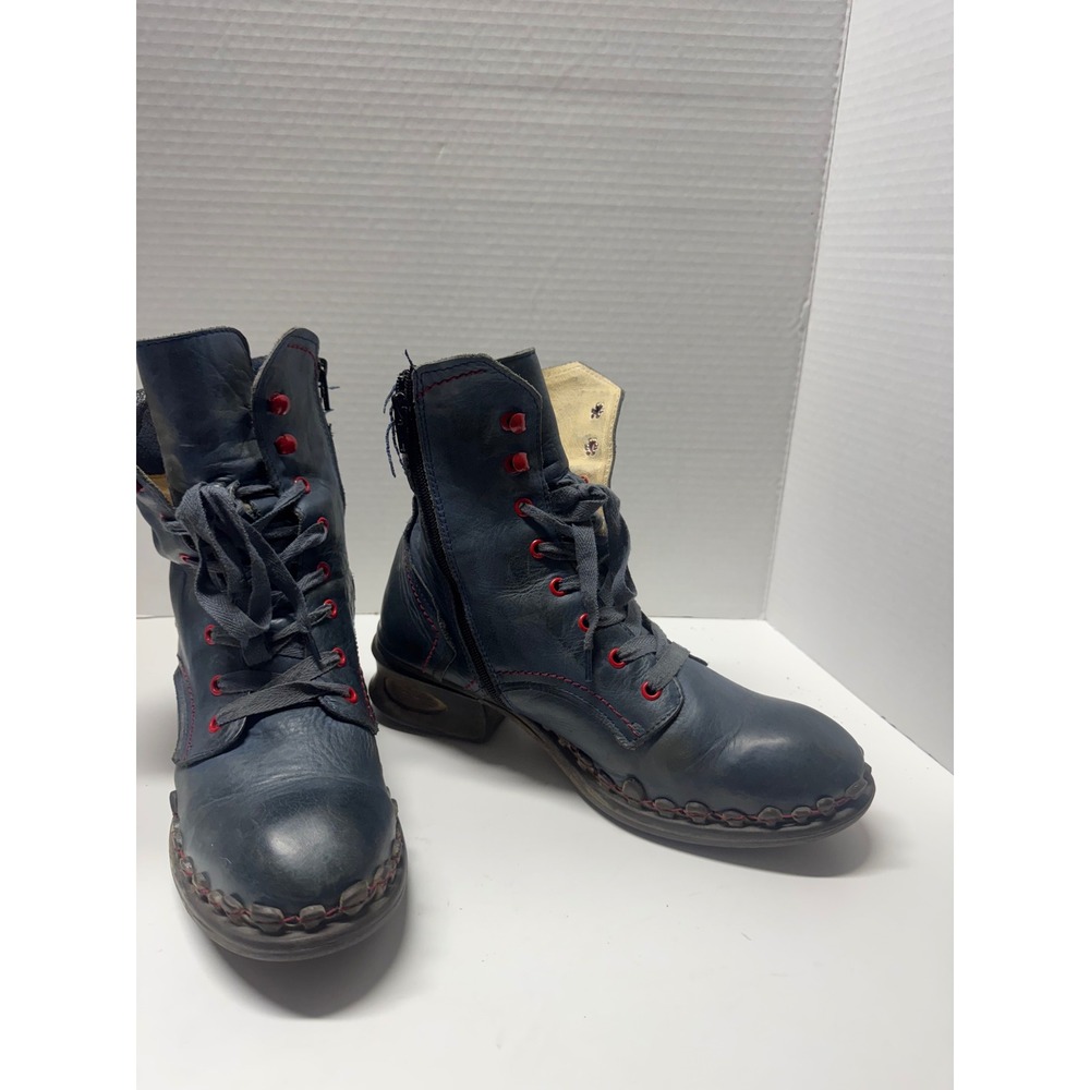 Rovers 42003 Blue Leather Lace Up Side Zip‎ Ankle Boots Red Hardware Size 41